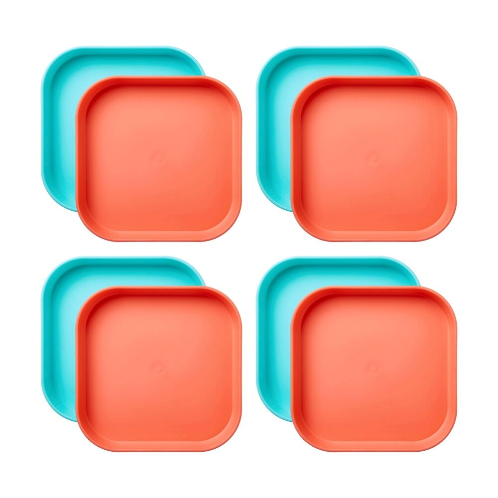 Nuby 2pc Nuby Brights Square Plates Durable Kids Plastic Dinnerware Orange/Teal (4 Pack)