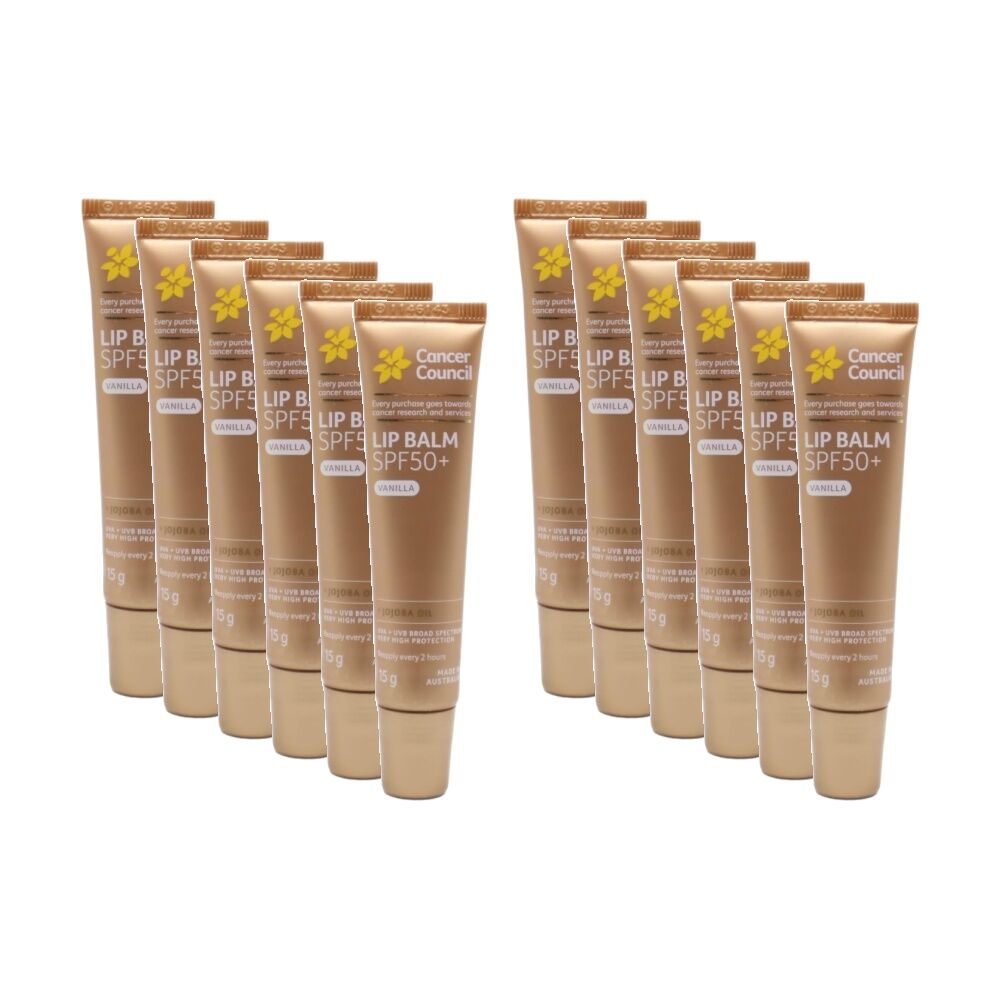 Cancer Council Lip Balm SPF50+ Vanilla With Jojoba Oil 15g (12 Pack)