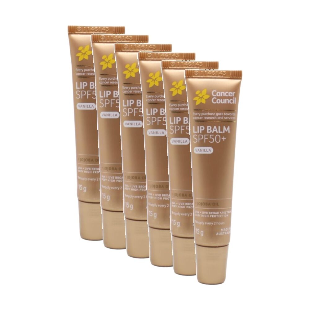 Cancer Council Lip Balm SPF50+ Vanilla With Jojoba Oil 15g (6 Pack)