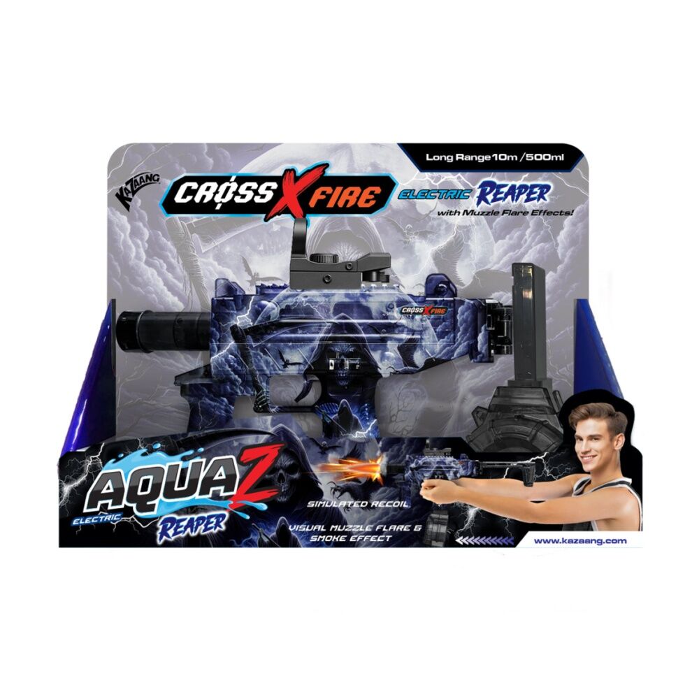 Kazaang CrossXFire AquaZ Reaper Water Blaster - Electric Automatic Firing, Smoke & Flame Muzzle Effects, Simulated Recoil, Long Range 10m, 500ml