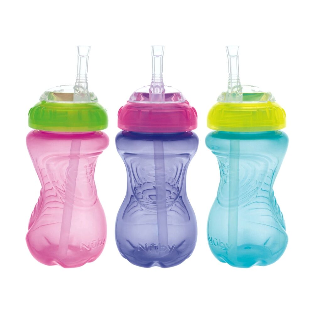 Nuby No Spill Flexi-Straw Gripper Cup Kids Drink Bottle Girl 12m+ (3 Pieces)