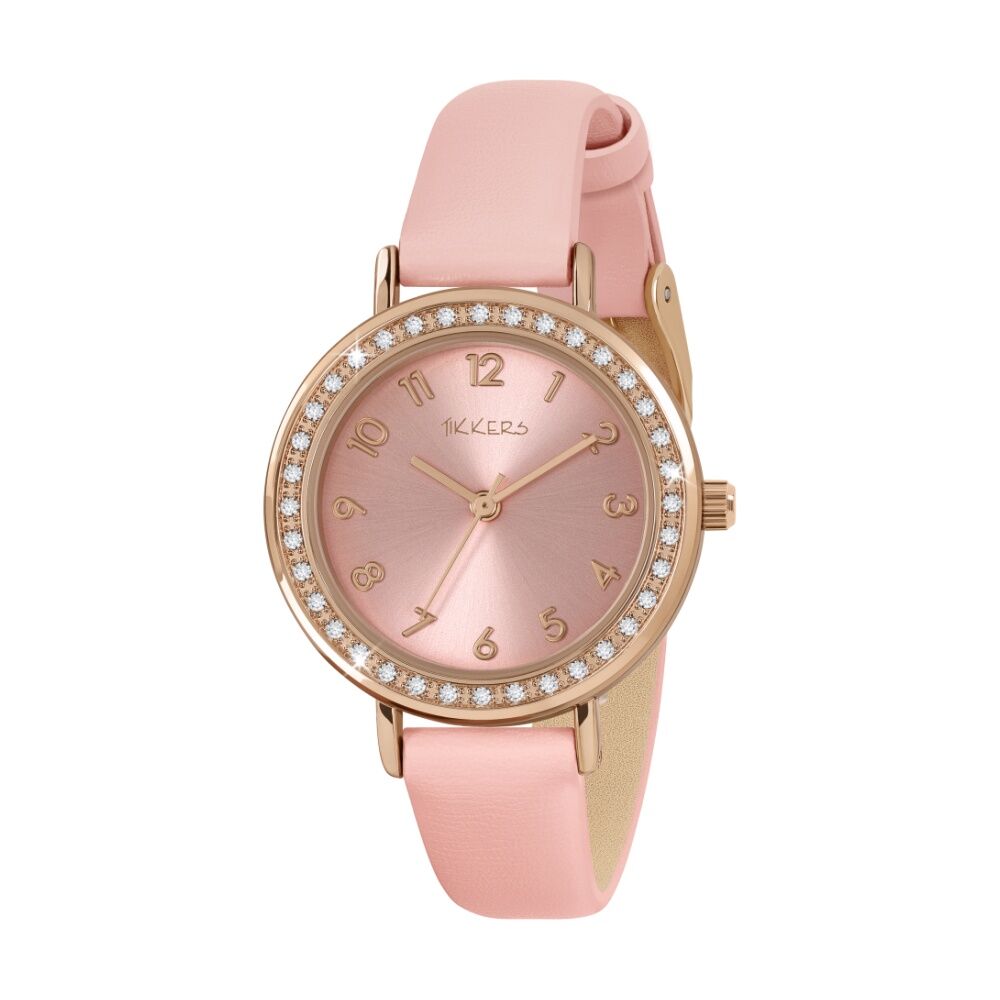 Tikkers Rose Gold Polyurethane PU Strap Girls Kids Watch Pink Stone Tikkers