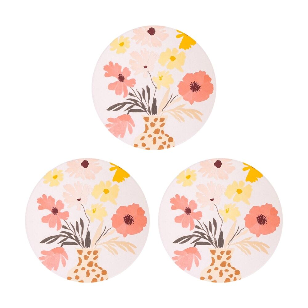 Splosh Billie White Vase Ceramic Coaster Cork Back Pink Yellow 11x11cm (3 Pack)