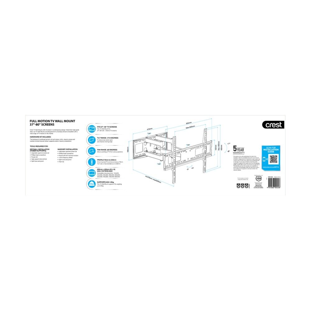 Crest Full Motion TV Wall Mount Fits 37 to 80 Inch Screens Holds 60kg Black Crest — image 5