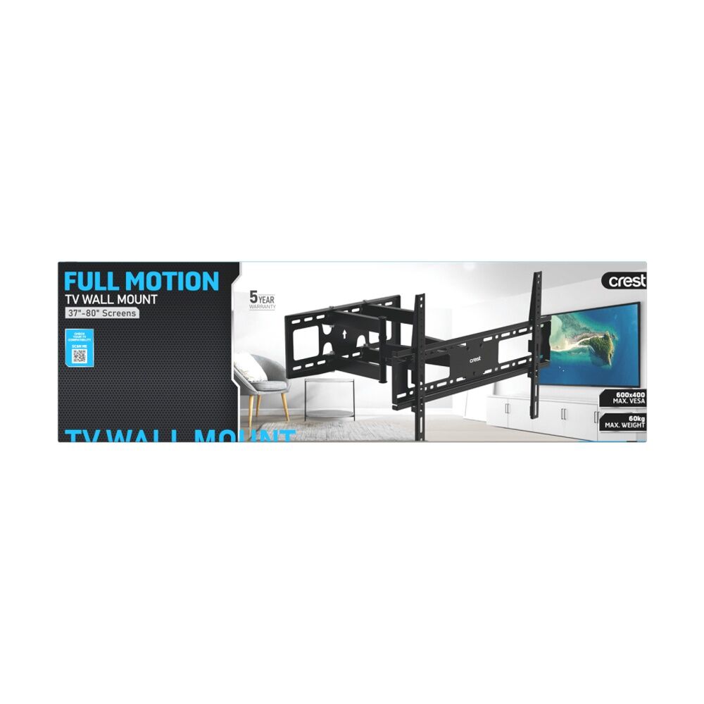 Crest Full Motion TV Wall Mount Fits 37 to 80 Inch Screens Holds 60kg Black Crest — image 4