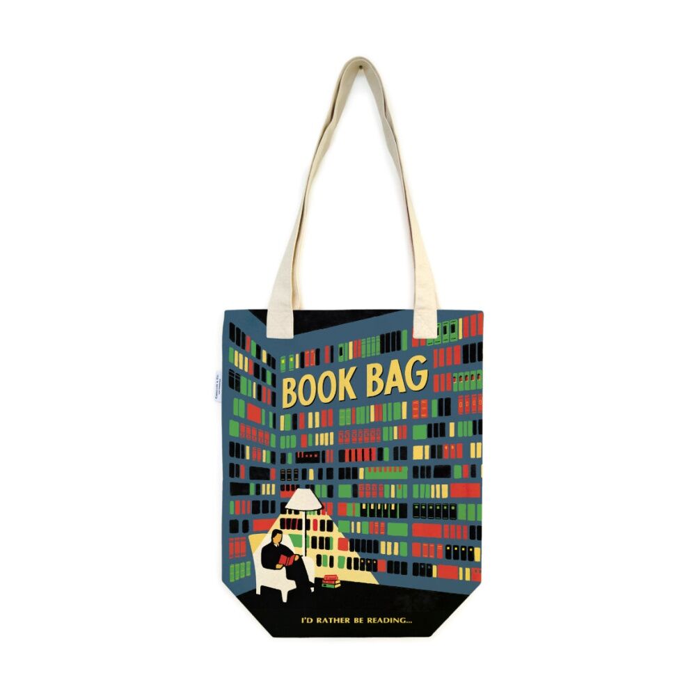 Cavallini Tote Bag Library - Vintage Bookshelf Illustration on Durable 100% Cotton Canvas - 33cm x 40cm x 15cm Multicolour 33x40cm