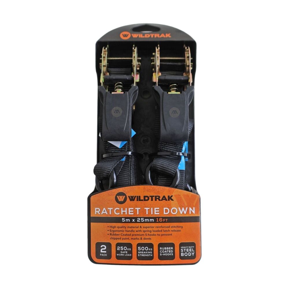 Wildtrak Ratchet Tie Down Straps Heavy Duty Steel Body 5m x 25mm (2 Pieces)