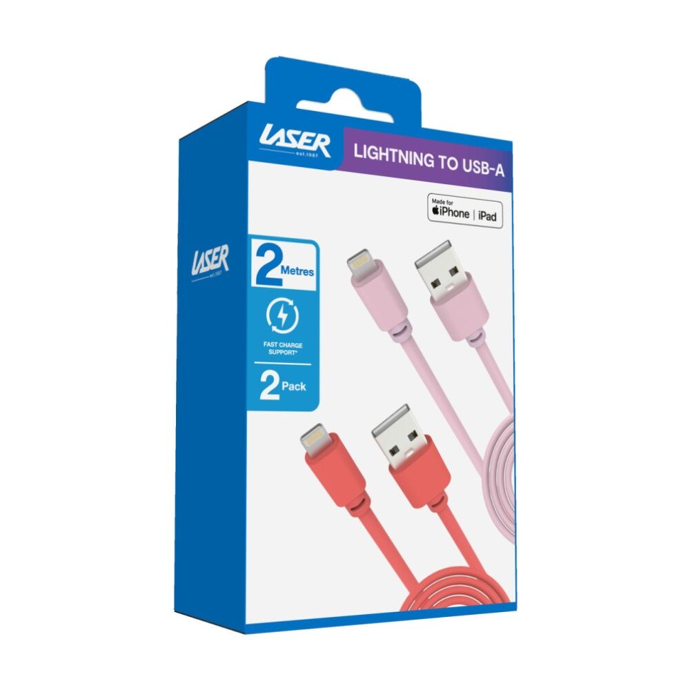 Laser USB-A To MFi Certified Apple Lightning Cable Set 2m Red/Pink (2 Pieces)