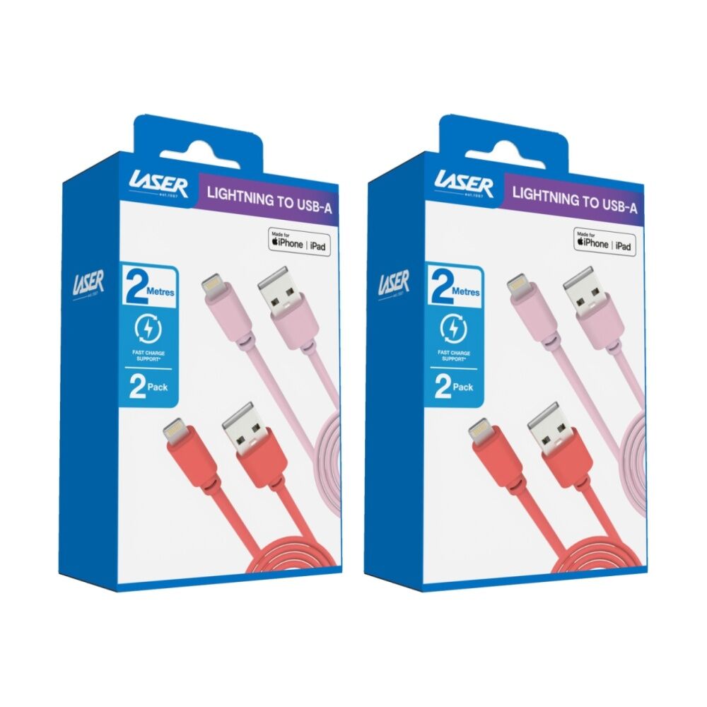 Laser 2pc Laser USB-A To MFi Certified Apple Lightning Cable Set 2m Red/Pink (2 Pack)