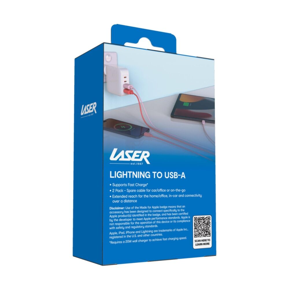 Laser 2pc Laser USB-A To MFi Certified Apple Lightning Cable Set 2m Red/Pink (2 Pack) — image 7