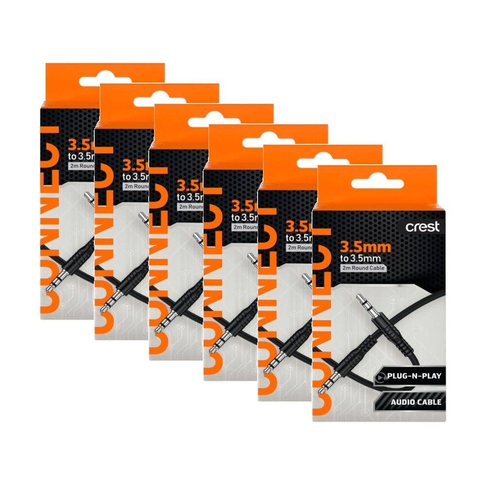 Crest 3.5mm Male-To-Male Audio Cable Aux Port Compatible Flexible PU 2m (6 Pack)