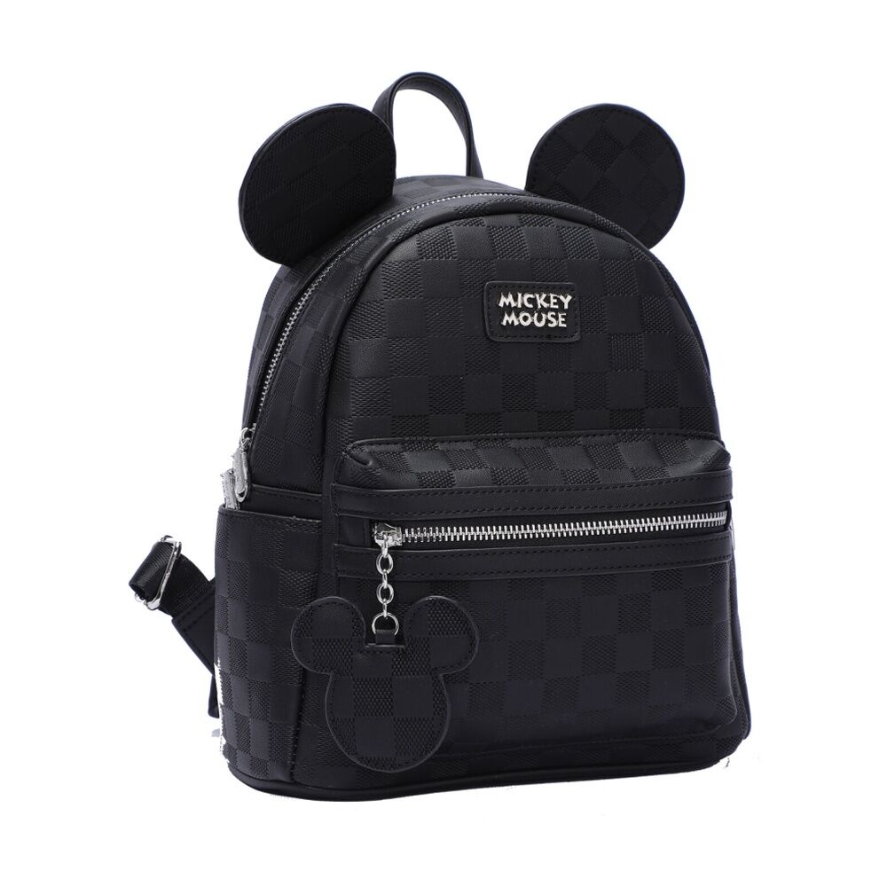 Disney Mickey PU Backpack - Black Checkered Pattern with Padded Ears and Front Zippered Pocket Black