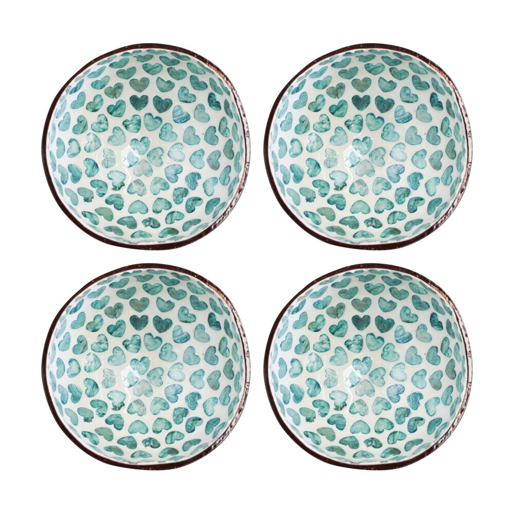 LVD Turquoise Heart Round Coconut Capiz Trinket/Jewellery Bowl 13x13x6cm (4 Pack)
