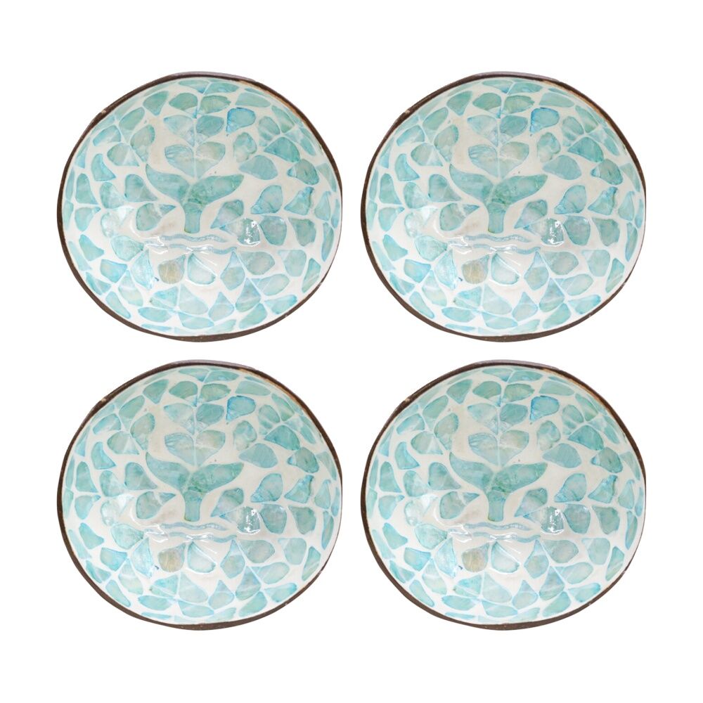 LVD Whale Tail Aqua Round Coconut Capiz Trinket/Jewellery Bowl 13x13x6cm (4 Pack)