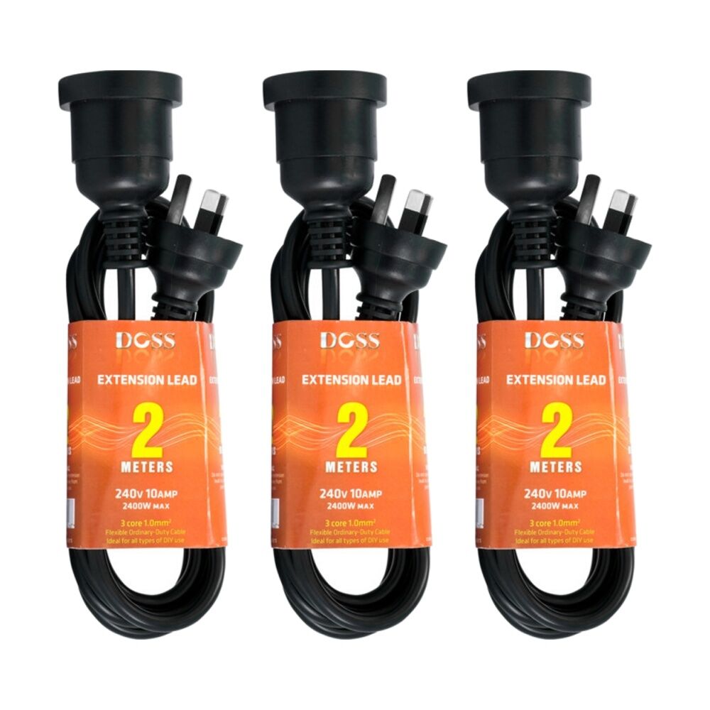 Doss 2M Power Extension Lead Black 2 Meter Cord 2400W 240V PVC DOSS (3 Pack)