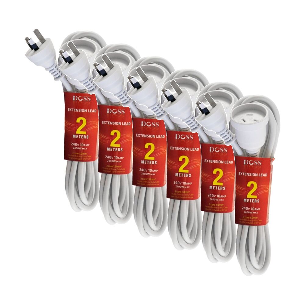 Doss 2M Power Extension Lead White Cord Australian 240V DOSS 2400W (6 Pack)