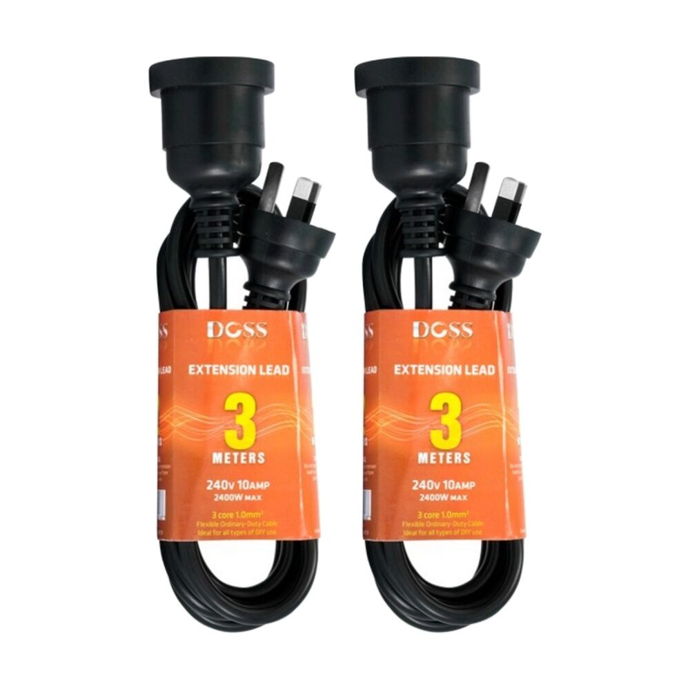 Doss 3M Power Extension Lead Black Cord 3 Metre Electrical DOSS (2 Pack)