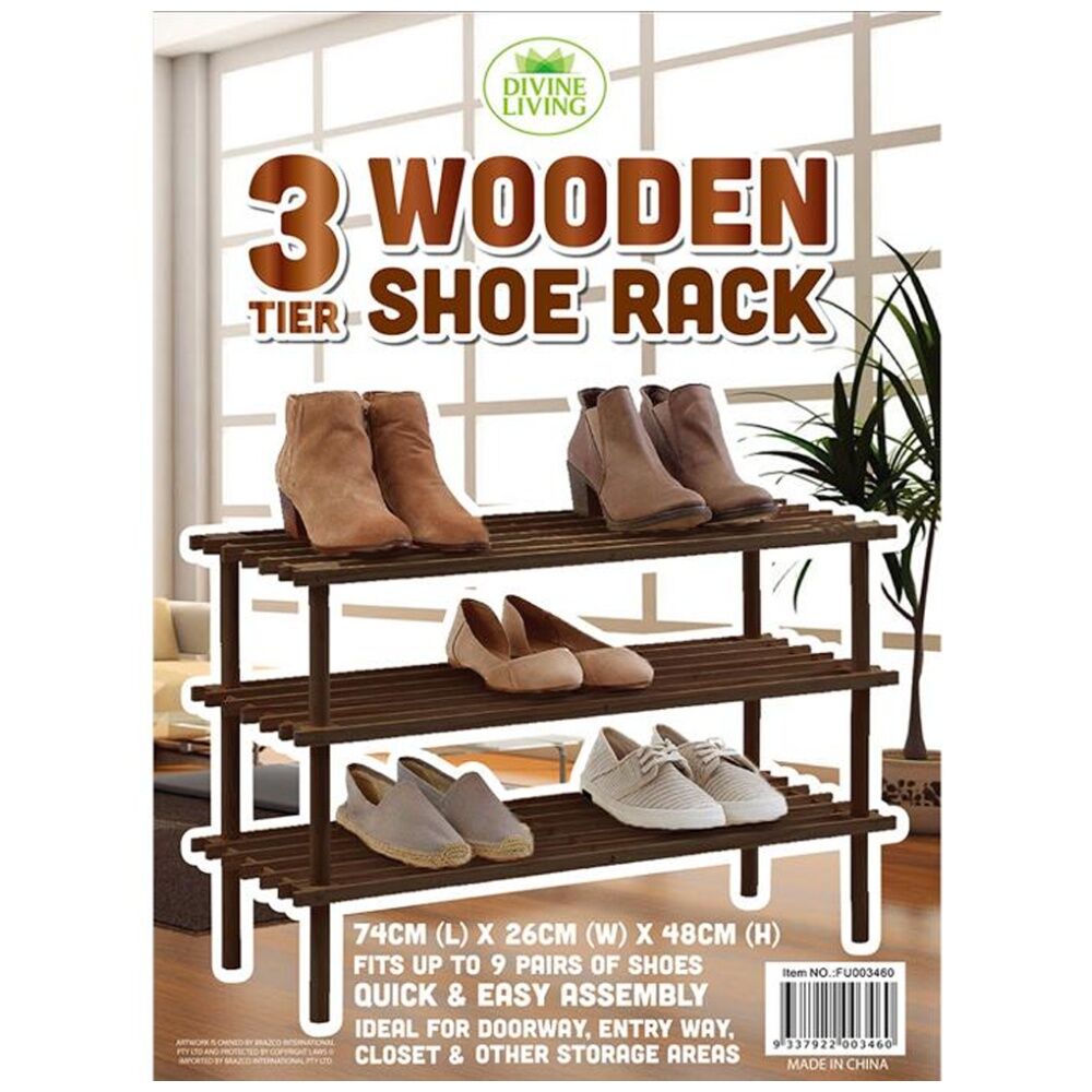 Braz 74x26x48cm Wooden 3 Tier Shoe Rack Organiser Up To 9 Pairs — image 2