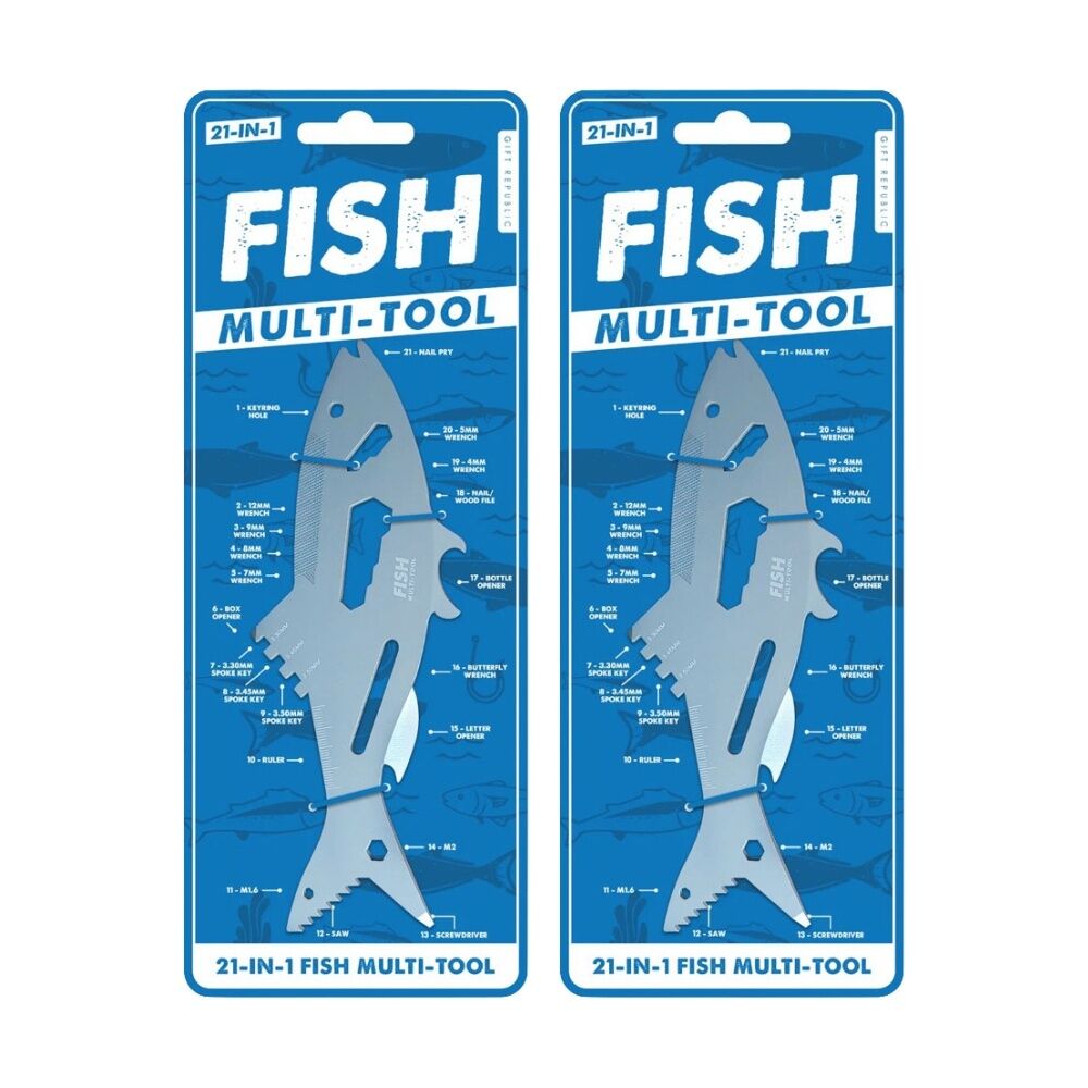 Gift Republic Fish Shaped 21-in-1 Outdoor Multi-Tool w/ Bottle Opener Silver (2 Pack)
