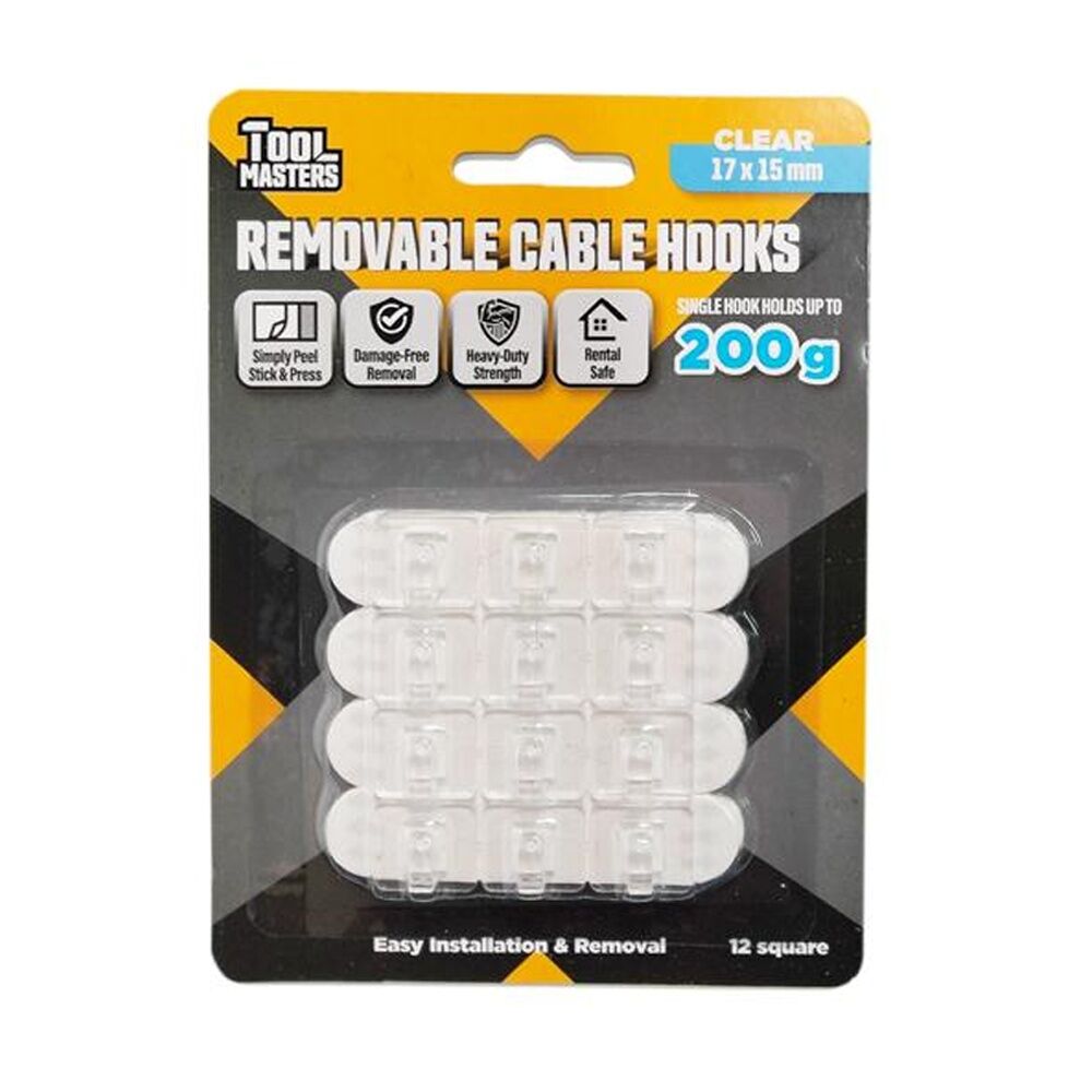 Tool Masters Removeable Cable Hooks Set Holds 200g 17x15mm Clear (12 Pieces)