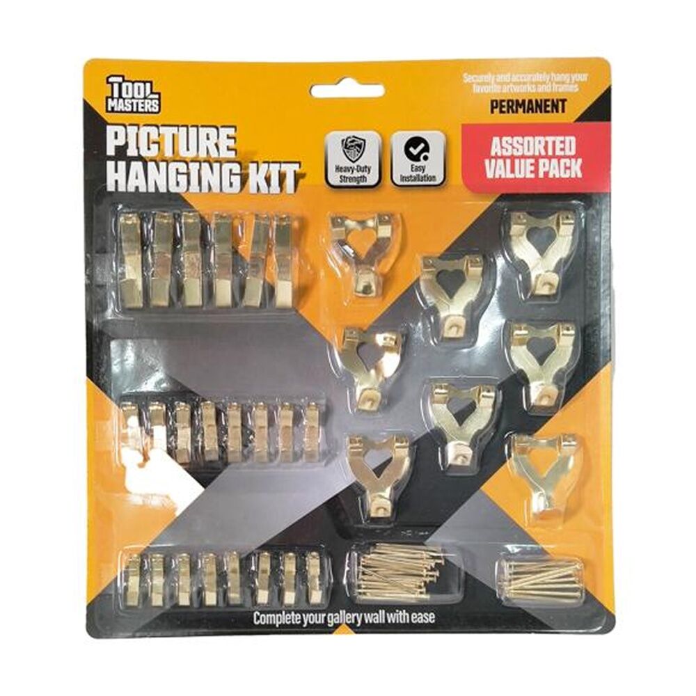 Tool Masters Picture Hooks Brass Heavy Duty Hanging Value Kit Multi Sizes (30 Pieces)
