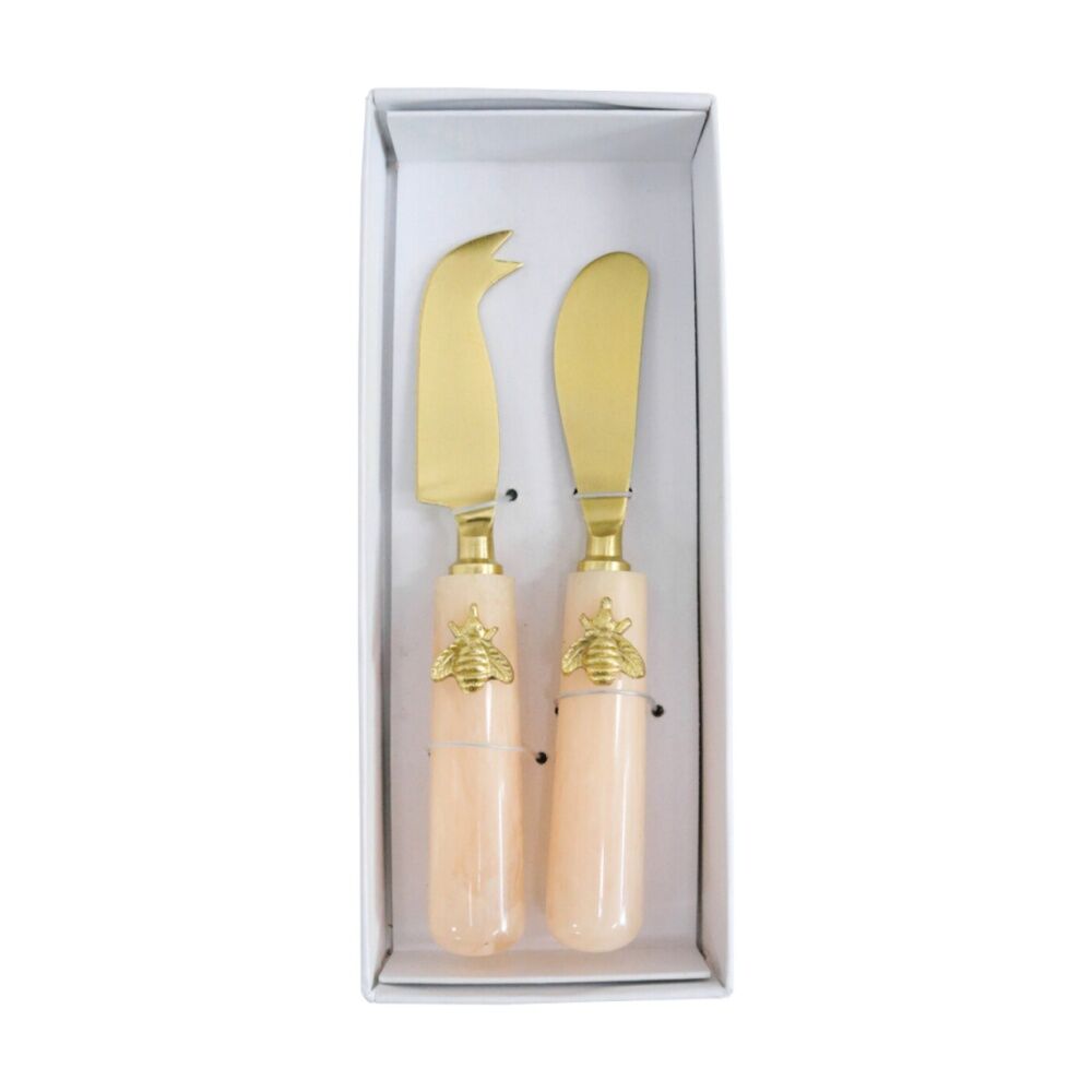 LVD Entertaining Mix Bee Cheese Knife Marbleised Resin Set Gold/Pink (2 Pieces)