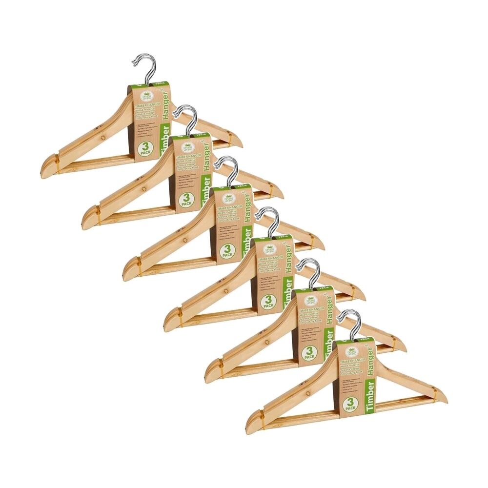 Braz 3pc Braz Clothes Hangers Grooved w/ 360 Degree Rotary Hook Timber (6 Pack)