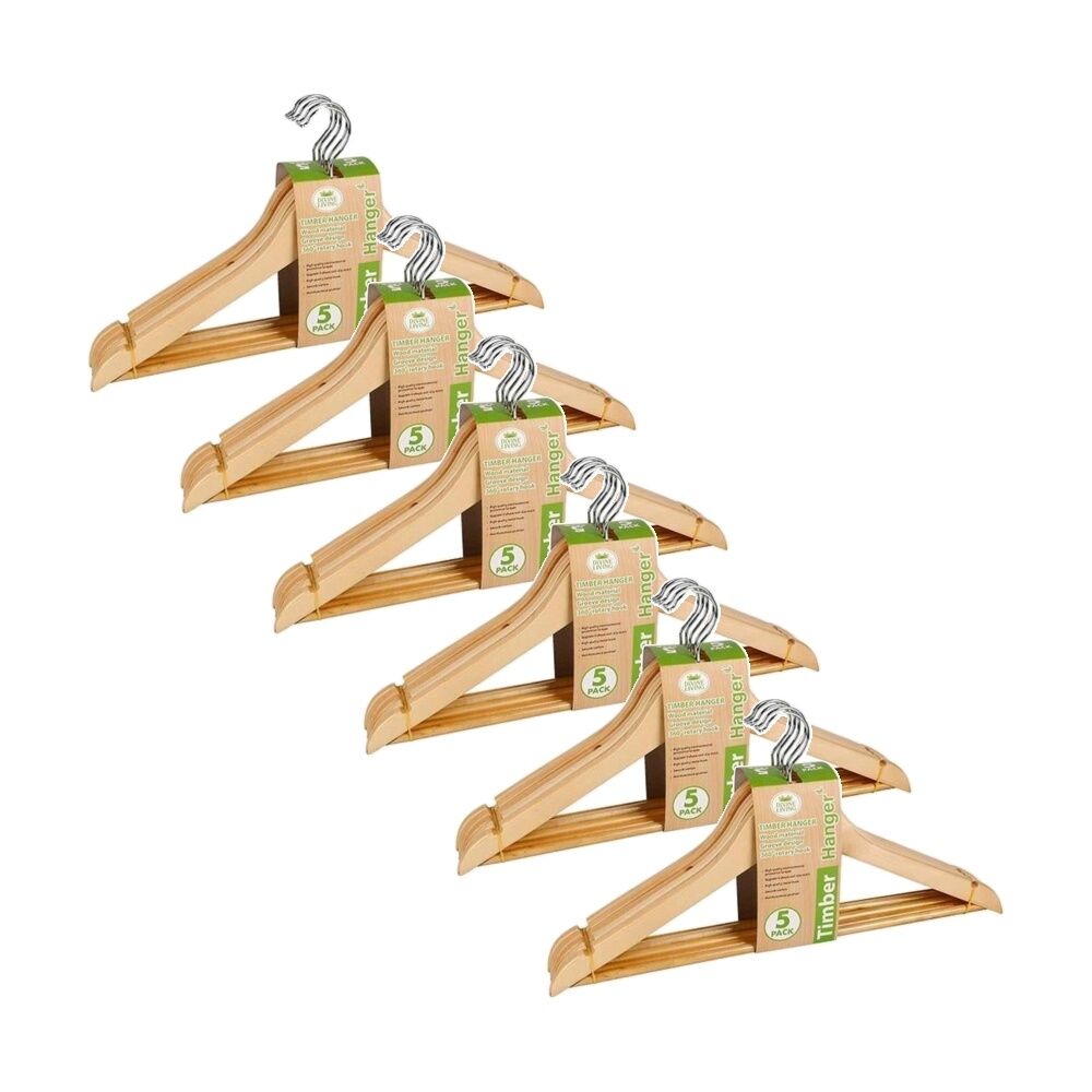 Braz 5pc Braz Clothes Hangers Grooved w/ 360 Degree Rotary Hook Timber (6 Pack)