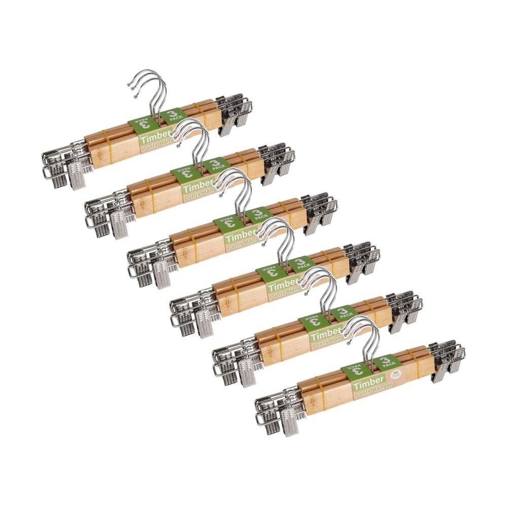 Braz 3pc Braz Timber Pants Hangers With Metal Clips Wardrobe Clothing Storage (6 Pack)