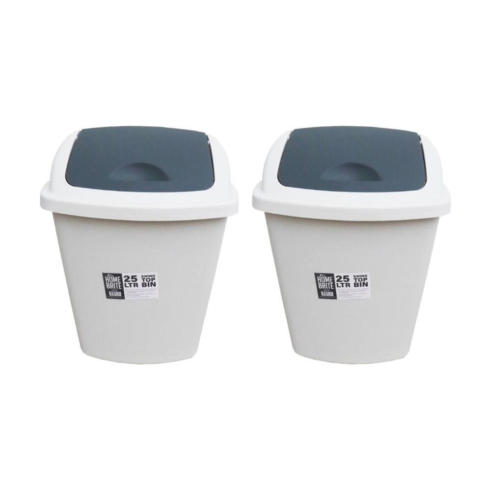 Braz Home Or Office Rubbish Bin Swing Top w/ Grey Lid 25L White (2 Pack)