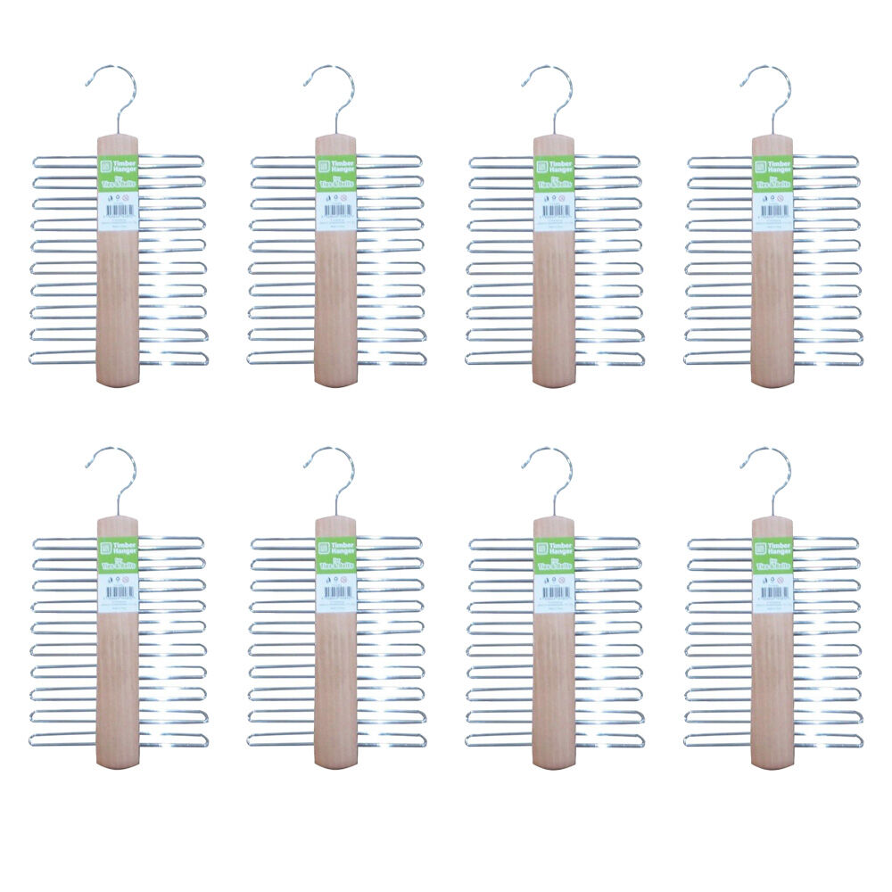 Braz Tie Belt Organiser Hanger w/ Metal Tines & Hook Timber (8 Pack)