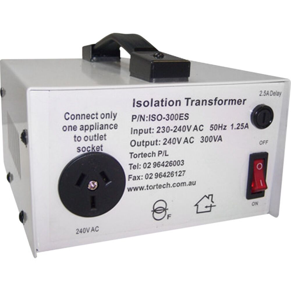 Tortech 300Va Isolation Transformer Mains Electrostatic Screen - Australian Made - Fuse Protected - 240V 50Hz Input Australian Plug - Portable Handle
