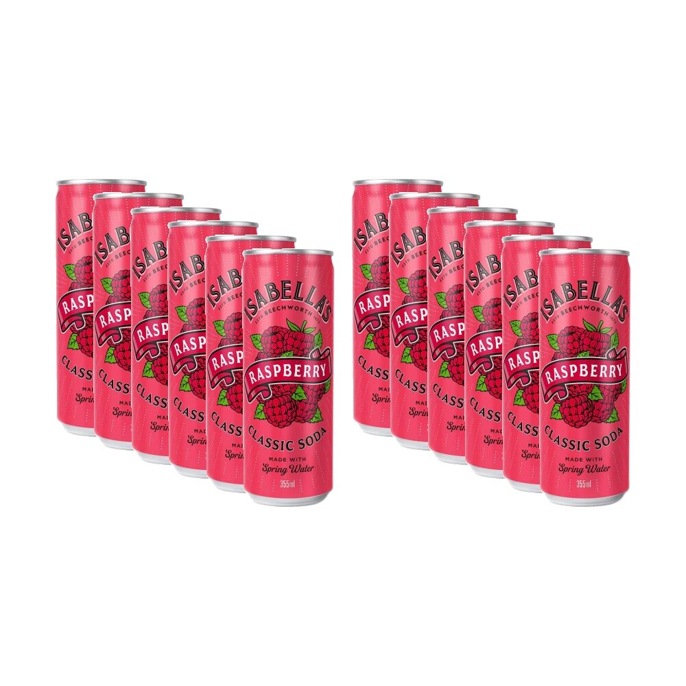 Isabella's Raspberry Classic Flavoured Soda Can Soft Drink 355ml (12 Pack)