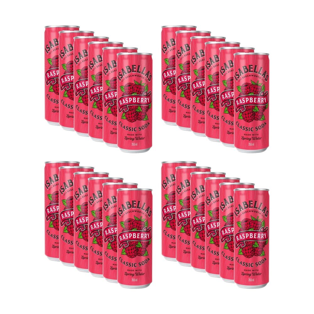 Isabella's Raspberry Classic Flavoured Soda Can Soft Drink 355ml (24 Pack)
