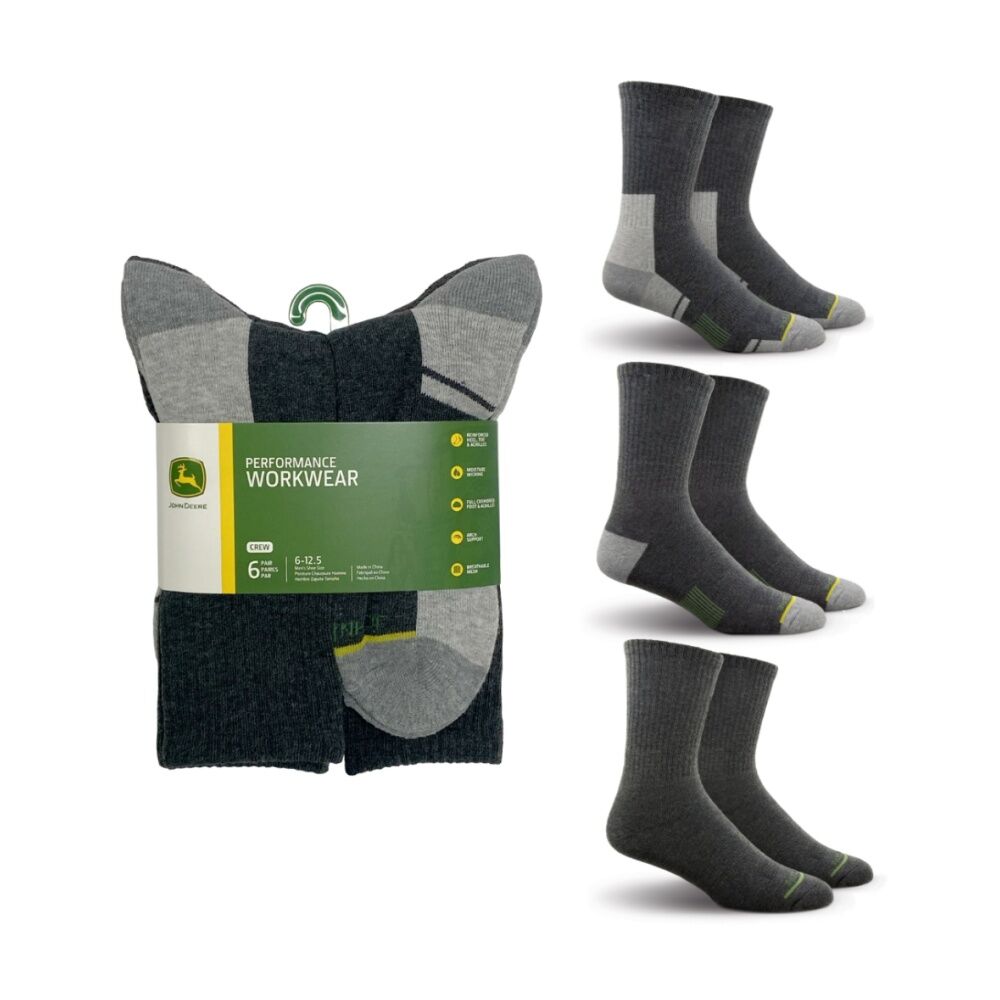 John Deere 2x 6PK Crew Performance Socks Size 10-13 Grey Mens — image 2