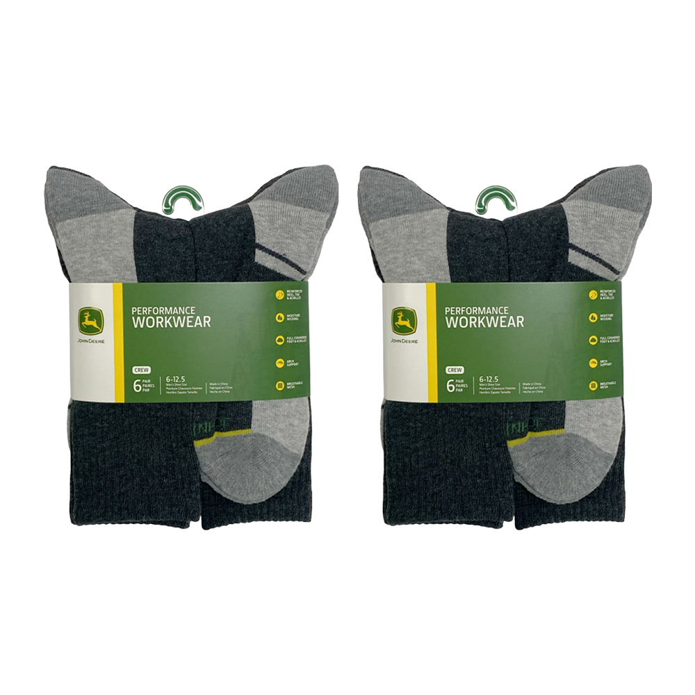 John Deere 2x 6PK Crew Performance Socks Size 10-13 Grey Mens