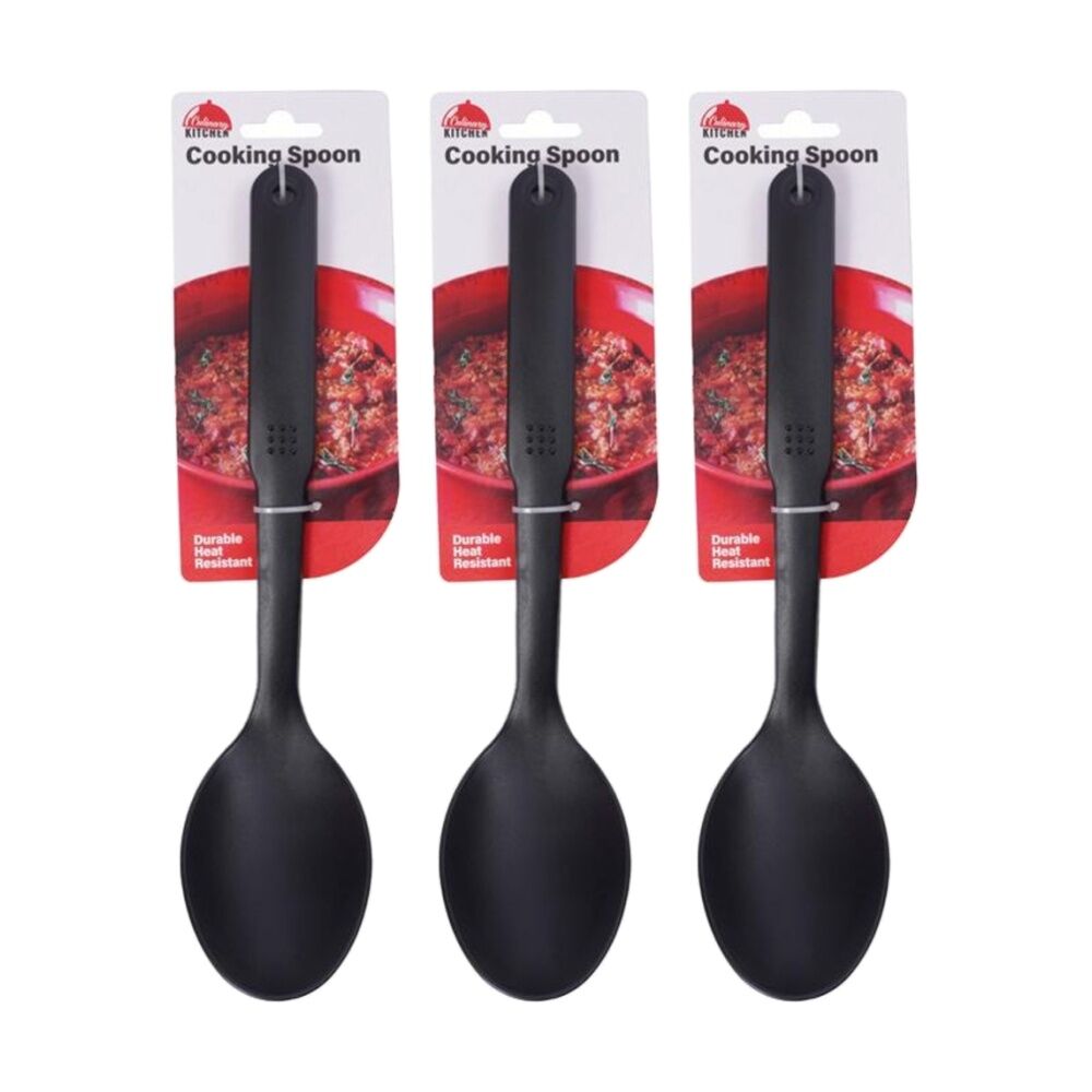 Culinary Kitchen Nylon Cooking Spoon w/ Hanging Hole Utensil 29cm Black (3 Pack)