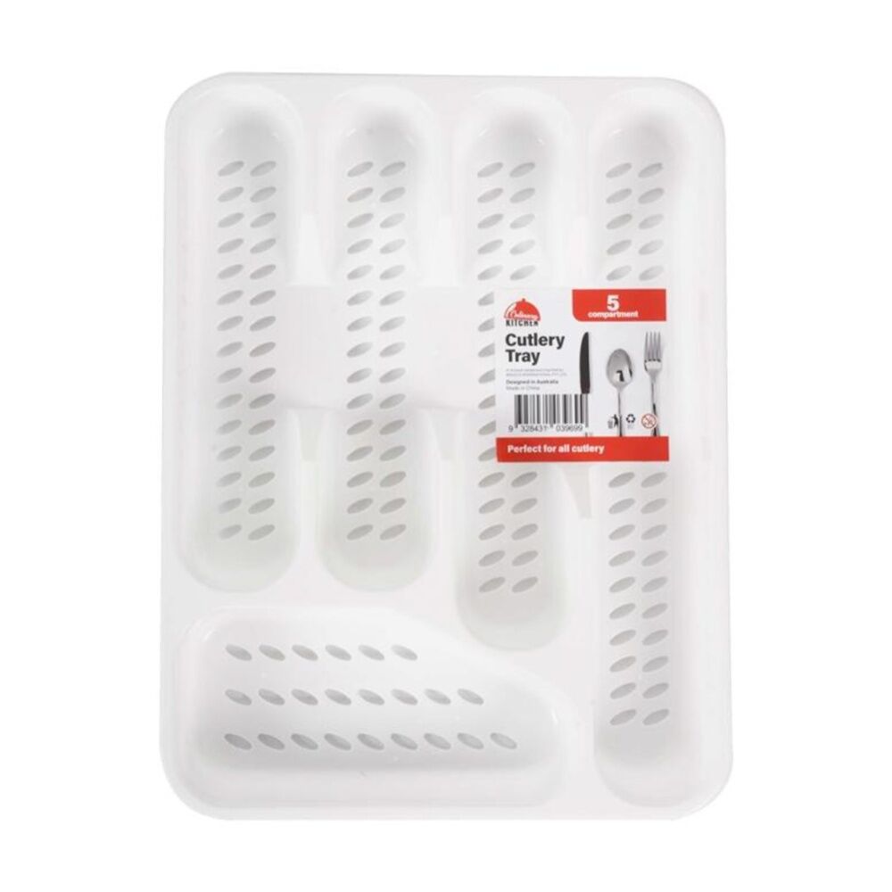 Culinary Kitchen 25x33cm White 5 Compartment Plastic Cutlery Storage Tray