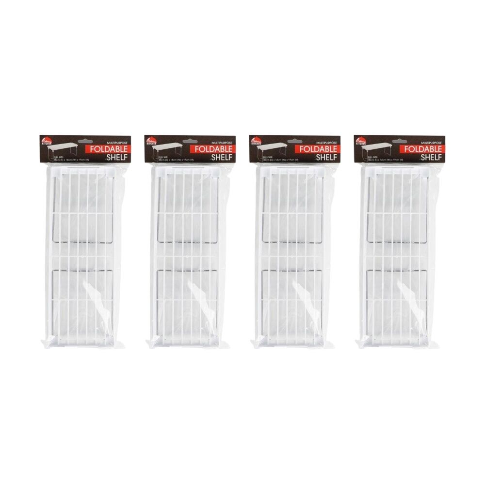 Braz Foldable Shelf Stackable Kitchen Storage Rack 39x14x17cm White Metal (4 Pack)