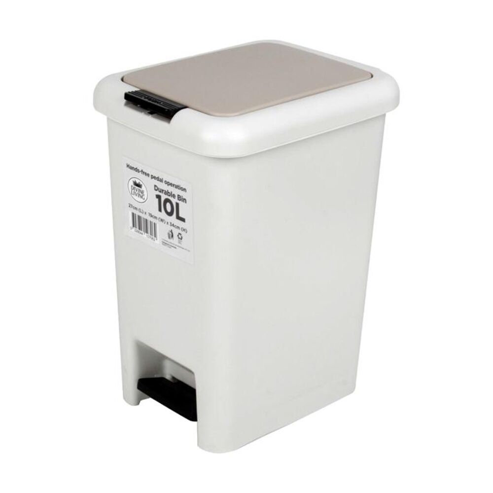Braz 10L White Pedal Top Foot Operated Plastic Bin /W Beige Lid
