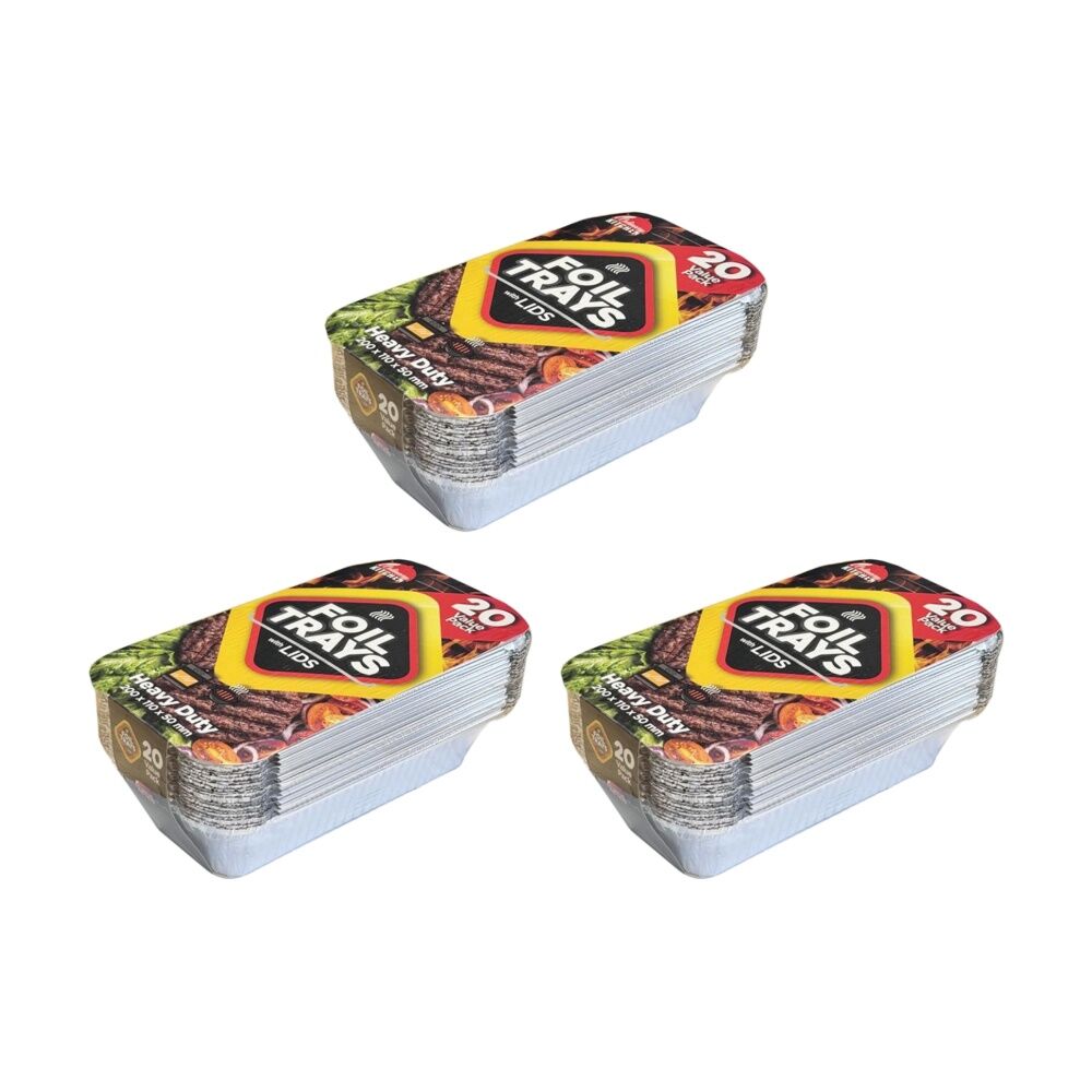 Braz 20pc Braz Aluminium Foil Disposable Rectangle Trays w/ Lids 20x11x5cm Silver (3 Pack)
