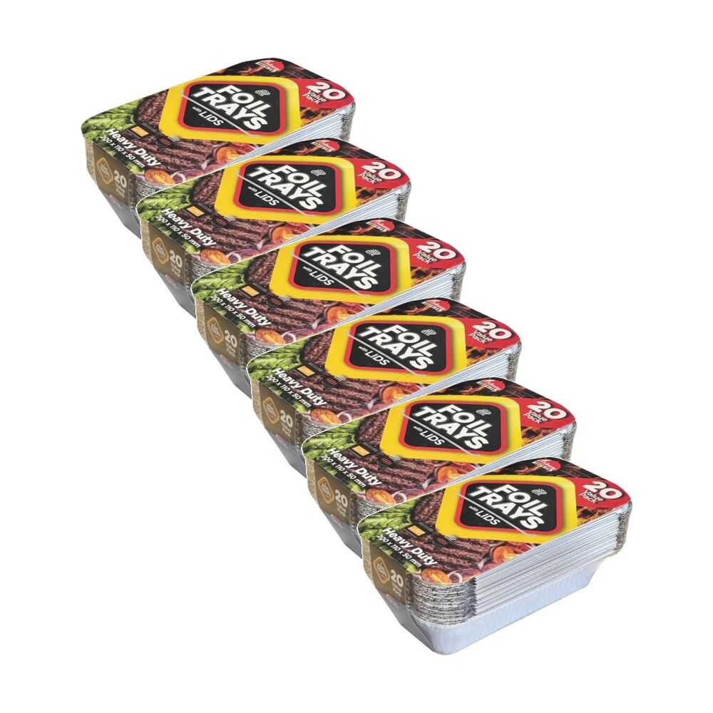 Braz 20pc Braz Aluminium Foil Disposable Rectangle Trays w/ Lids 20x11x5cm Silver (6 Pack)