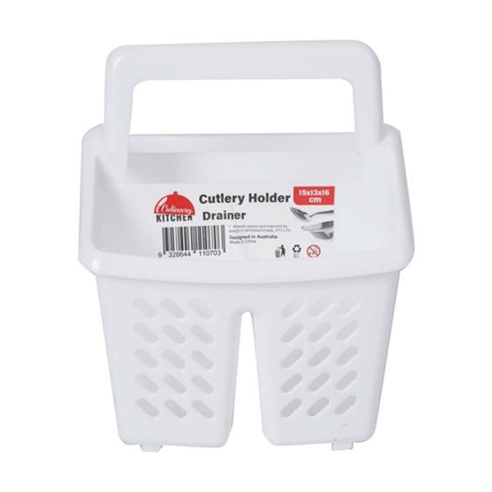 Braz 15x13x16cm White Plastic Perforated Cutlery Storage Holder w/ Handle
