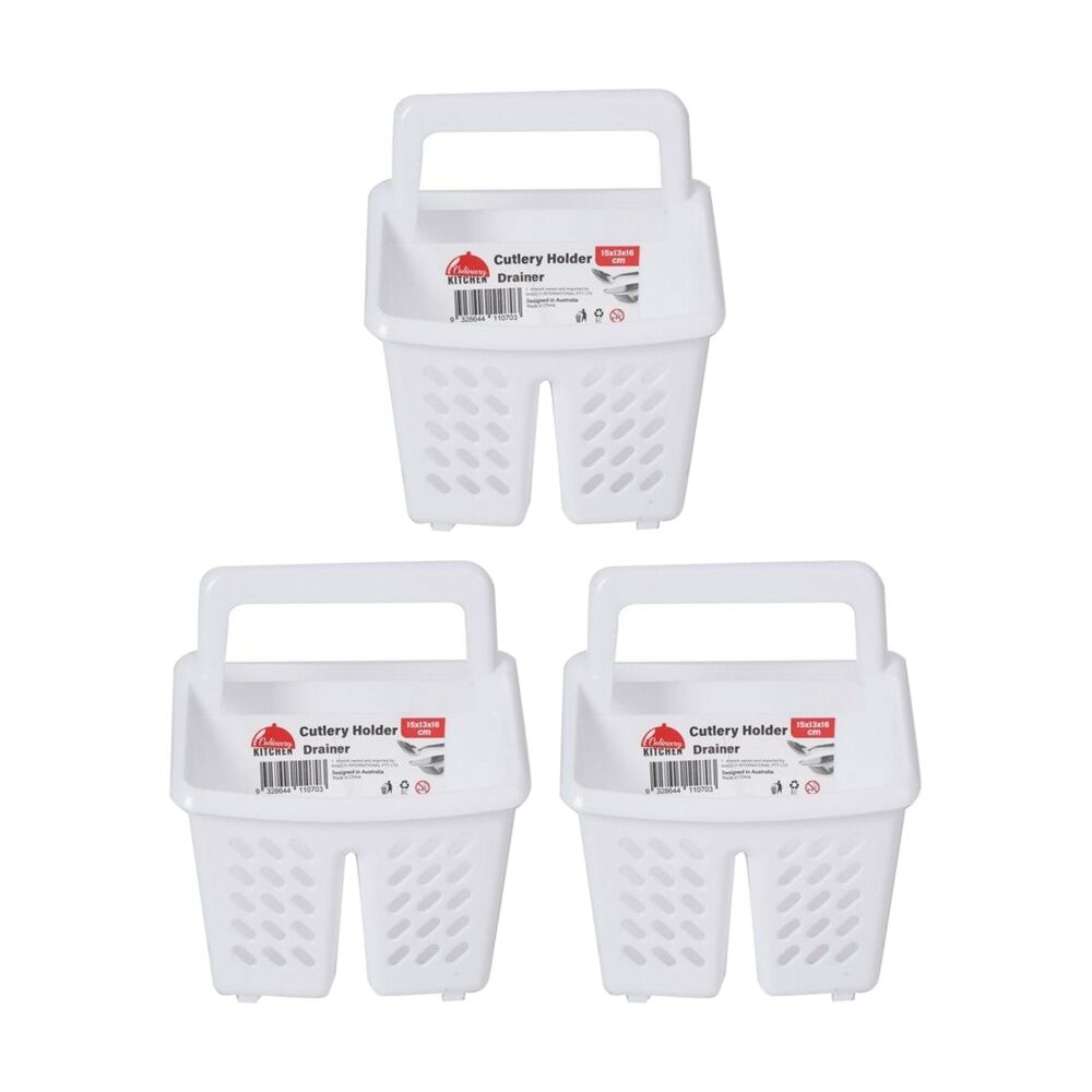 Braz Plastic Perforated Cutlery Storage Holder w/ Handle 15x13x16cm White (3 Pack)