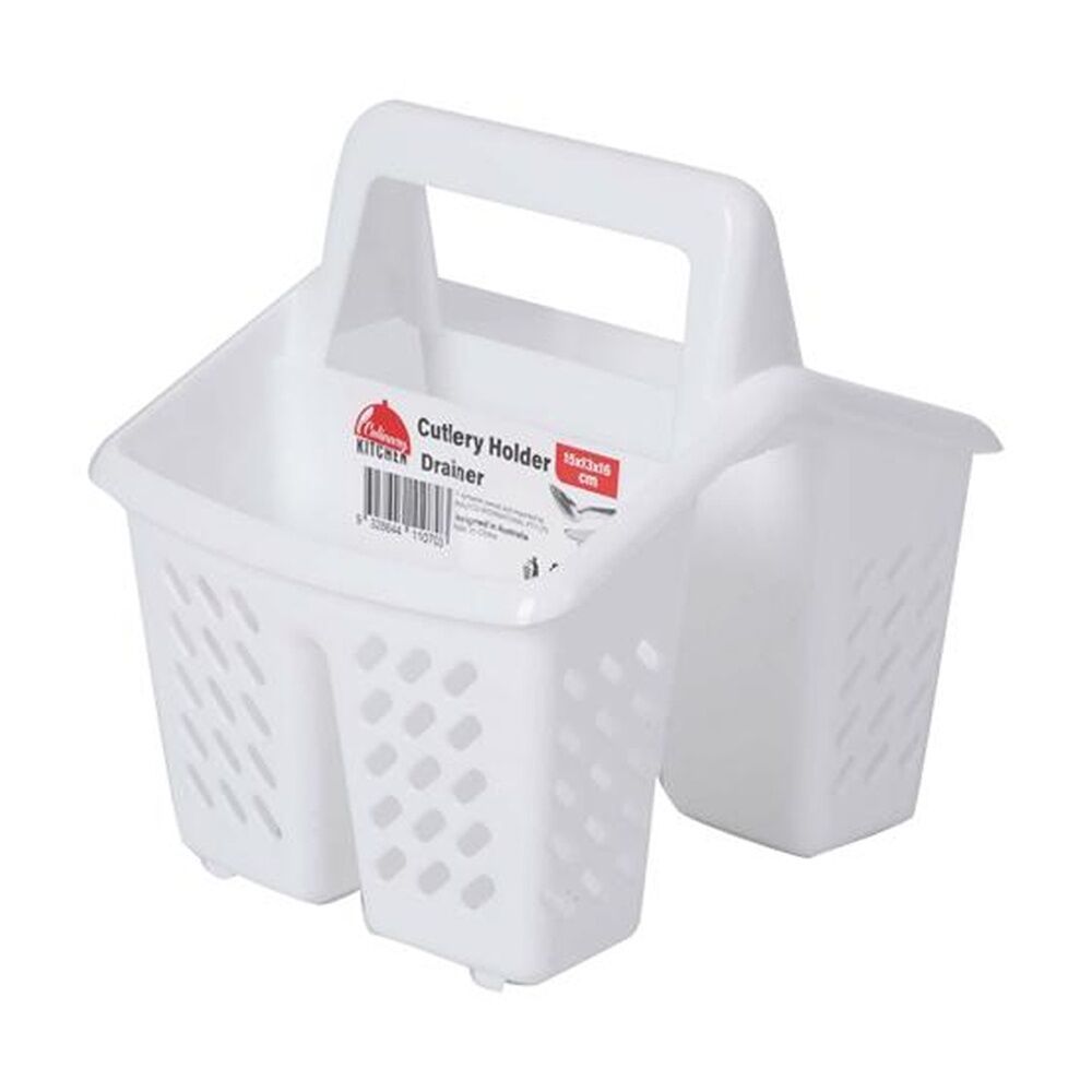 Braz 15x13x16cm White Plastic Perforated Cutlery Storage Holder w/ Handle — image 2