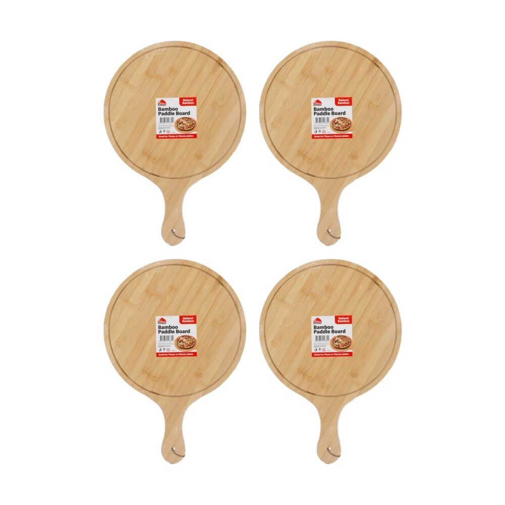 Culinary Kitchen Round Bamboo Paddle Chop Board w/ Handle 25cm (4 Pack)