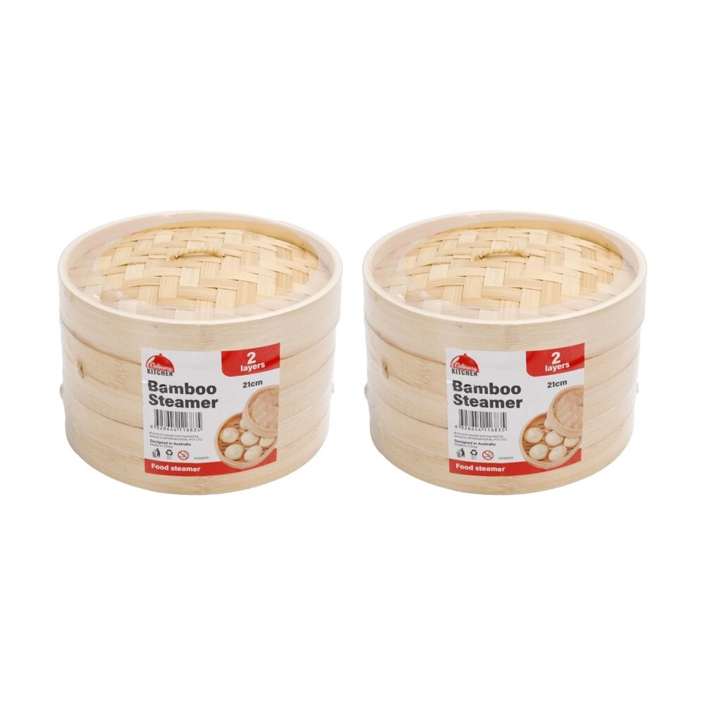 Braz 2 Layer Round Woven Bamboo Steamer w/ Lid 21cm Natural (2 Pack)