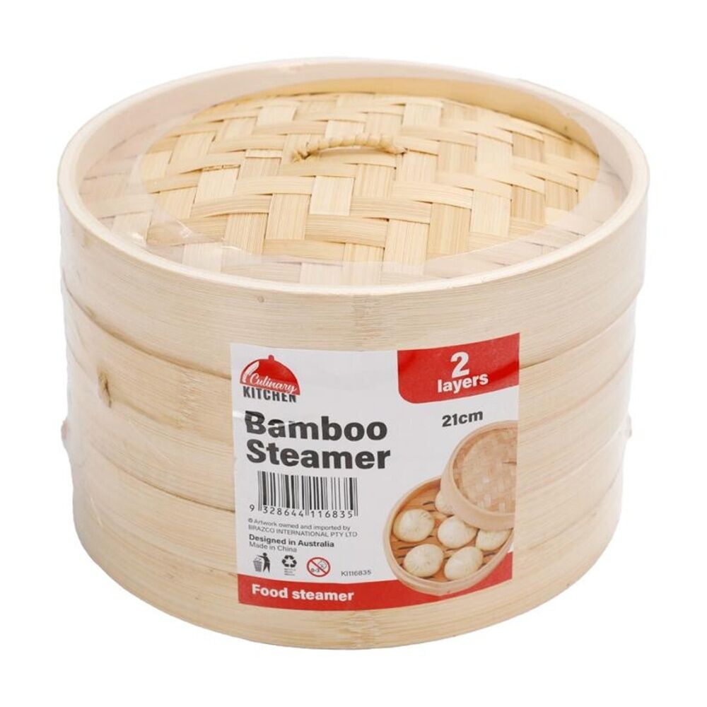 Braz 2 Layer Round Woven Bamboo Steamer w/ Lid 21cm Natural (2 Pack) — image 2