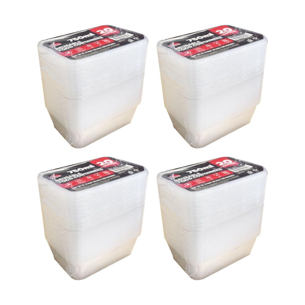 Braz 20pc Braz Reusable Rectangular Food Storage Containers w/ Lids 750ml Clear (4 Pack)