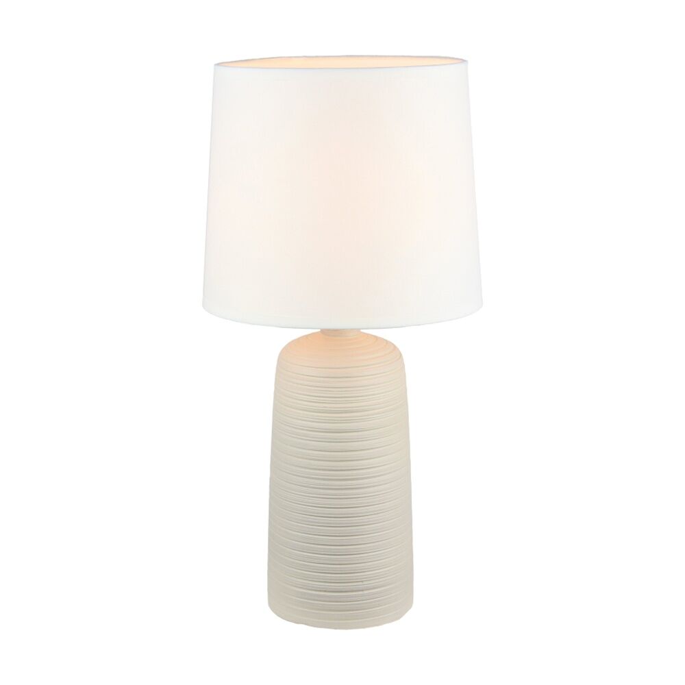 Urban Style Keira Table Lamp Cream Ceramic Base Linear Texture Fabric Drum Shade Inline Switch E27 Fitting Cream